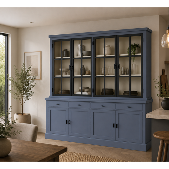 123kast  Buffetkast Montana 04 - 220x46x220H cm - 4 stalen deuren - strak design - zwarte greepjes - 4 soft close lades
