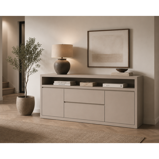 123kast  Dressoir Muxia - 200x40x90H cm- 2 greeploze deuren - 2 greeloze lades in het midden - open vak boven - strak design - 5cm frame dikte