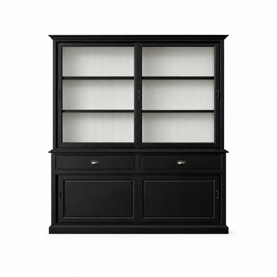 123kast  Buffetkast Miami beach -  200x53x218H cm - 2 vitrine schuifdeuren - 2 lades - 2 dichte schuifdeuren - glazen zijkanten
