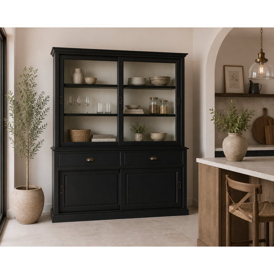 123kast  Buffetkast Miami beach -  200x53x218H cm - 2 vitrine schuifdeuren - 2 lades - 2 dichte schuifdeuren - glazen zijkanten