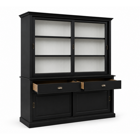 123kast  Buffetkast Miami beach -  200x53x218H cm - 2 vitrine schuifdeuren - 2 lades - 2 dichte schuifdeuren - glazen zijkanten