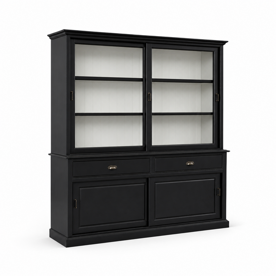 123kast  Buffetkast Miami beach -  200x53x218H cm - 2 vitrine schuifdeuren - 2 lades - 2 dichte schuifdeuren - glazen zijkanten