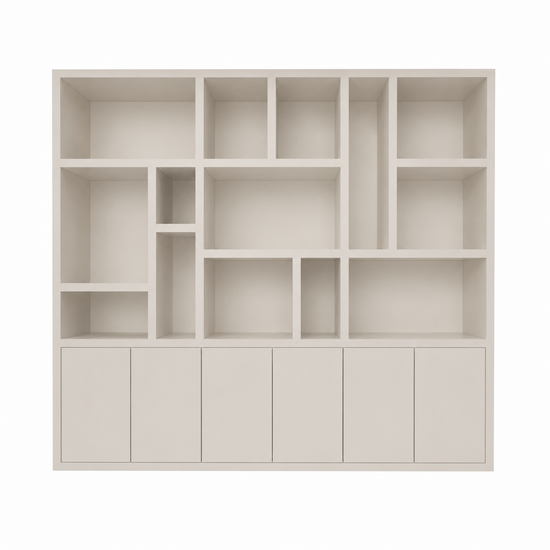 123kast  Vakkenkast Madrid - 280x40x240H cm - 5cm plank dikte - strak design - 6 greeploze push to open deuren - open vakken