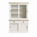 123kast  Buffetkast Brooklyn 02 - 140x50x220H cm - met eiken boven en tussen blad - 2 soft close lades - 2 vitrine schuifdeuren - 2 dichte schuifdeuren