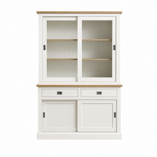 123kast  Buffetkast Brooklyn 02 - 140x50x220H cm - met eiken boven en tussen blad - 2 soft close lades - 2 vitrine schuifdeuren - 2 dichte schuifdeuren