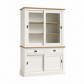 123kast  Buffetkast Brooklyn 02 - 140x50x220H cm - met eiken boven en tussen blad - 2 soft close lades - 2 vitrine schuifdeuren - 2 dichte schuifdeuren