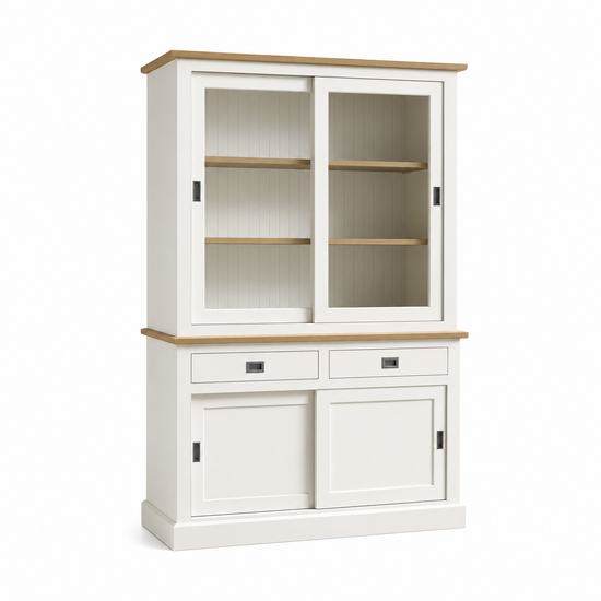 123kast  Buffetkast Brooklyn 02 - 140x50x220H cm - met eiken boven en tussen blad - 2 soft close lades - 2 vitrine schuifdeuren - 2 dichte schuifdeuren