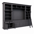 123kast  Boekenkast French Library - 400x46/55x240H cm - demontabel - met stang en ladder - verstelbare planken - bovenkast onderdieper dan onderkast - landelijke stijl - met tv vak / cinewall