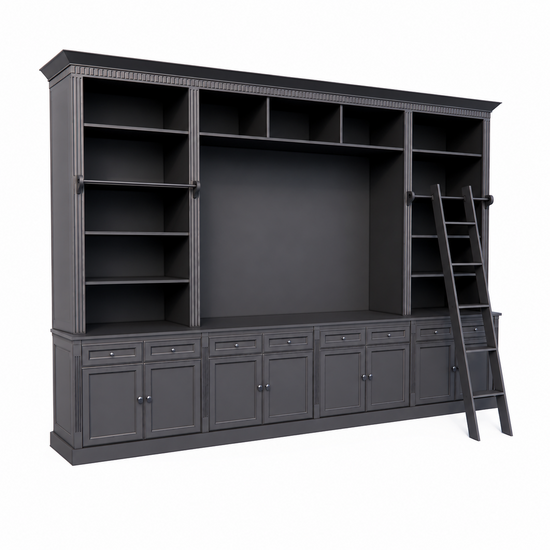 123kast  Boekenkast French Library - 400x46/55x240H cm - demontabel - met stang en ladder - verstelbare planken - bovenkast onderdieper dan onderkast - landelijke stijl - met tv vak / cinewall