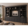 123kast  Boekenkast French Library - 400x46/55x240H cm - demontabel - met stang en ladder - verstelbare planken - bovenkast onderdieper dan onderkast - landelijke stijl - met tv vak / cinewall