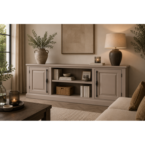 123kast  Tv dressoir Puglia - 160x46x60H cm - met spanjolet sluiting - 2 dichte deuren - open vak in het midden - met gat voor kabels