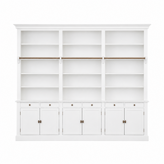 123kast  Private library - boekenkast - 300x43x240H cm - met stang en ladder - verstelbare planken - 15 planken - 6 lades - 6 dichte scharnierdeuren