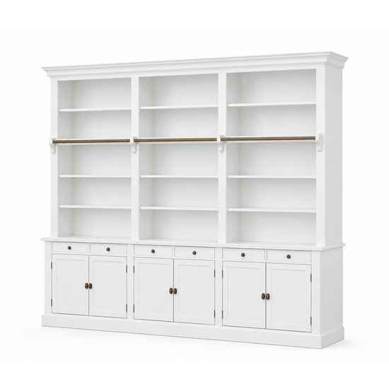 123kast  Private library - boekenkast - 300x43x240H cm - met stang en ladder - verstelbare planken - 15 planken - 6 lades - 6 dichte scharnierdeuren