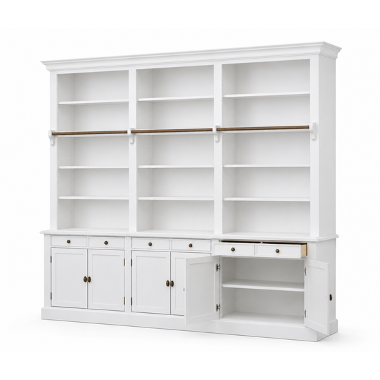 123kast  Private library - boekenkast - 300x43x240H cm - met stang en ladder - verstelbare planken - 15 planken - 6 lades - 6 dichte scharnierdeuren