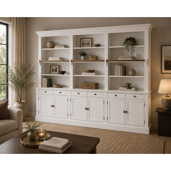 123kast  Private library - boekenkast - 300x43x240H cm - met stang en ladder - verstelbare planken - 15 planken - 6 lades - 6 dichte scharnierdeuren