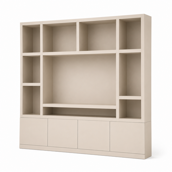 123kast  Tv vakkenkast Jose - 250x40x240H cm - 10 open vakken - 4 push to open deuren - 5cm plank dikte