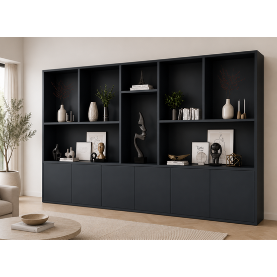 123kast  Vakkenkast Baltimore - 330x40x240H cm - strak design - 6 greeploze push to open deuren - open vakken - 5cm plank dikte