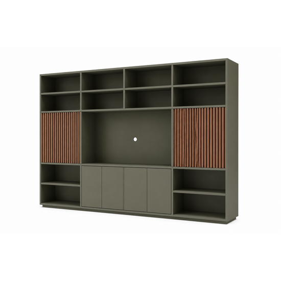 123kast  TV-vakkenkast Winterberg 04 - 400x40x250H cm - cinewall - tv vak - met schuifdeuren - open vakken - push to open deuren - strak design