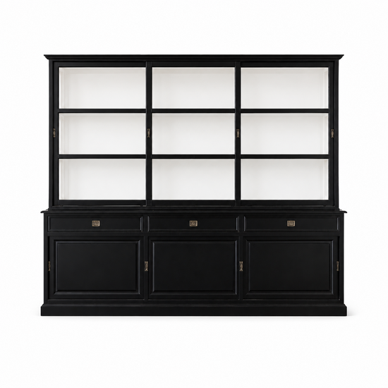123kast   Buffetkast Miami Beach - 260x53x218H cm - 3 vitrine schuifdeuren - 3 lades - 3 dichte schuifdeuren - glazen zijkanten