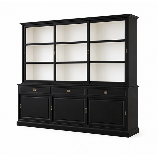 123kast   Buffetkast Miami Beach - 260x53x218H cm - 3 vitrine schuifdeuren - 3 lades - 3 dichte schuifdeuren - glazen zijkanten