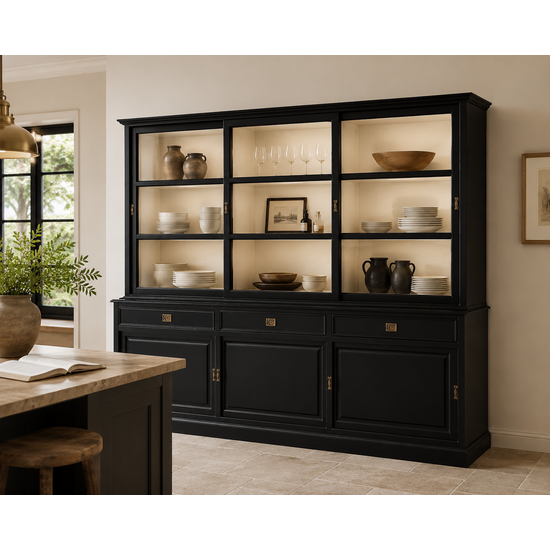 123kast   Buffetkast Miami Beach - 260x53x218H cm - 3 vitrine schuifdeuren - 3 lades - 3 dichte schuifdeuren - glazen zijkanten