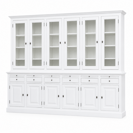 123kast  Buffetkast Santiago - 300x45x230H cm - 6 vitrine scharnierdeuren - 6 uitschuifbare planken - 6 soft close lades - 6 dichte scharnierdeuren - verstelbare planken