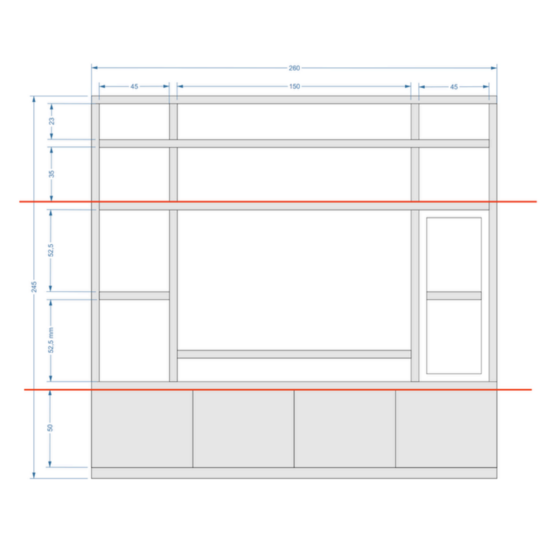 123kast Tv vakkenkast Jose zoals schets - 260x40x245H cm - in bovenste 4 vakken extra legplank - plank in vak rechts van tv symmetrisch aan linker vak
