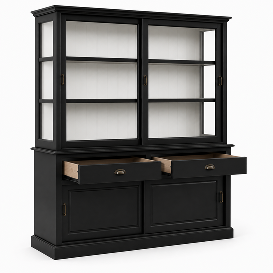 123kast  Buffetkast Miami beach -  200x53x218H cm - 2 vitrine schuifdeuren - 2 lades - 2 dichte schuifdeuren - glazen zijkanten