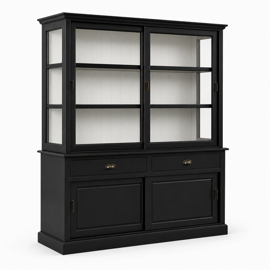123kast Showmodel buffetkast Miami Beach - 200x53x218H cm - 2 vitrine schuifdeuren - 2 lades - 2 dichte schuifdeuren - glazen zijkanten - RAL 7021