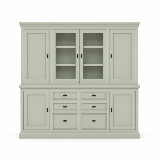 123kast  Buffetkast Foggia 05- 225x48x225H cm - 2 dichte deuren in de bovenkast - 2 vitrine deuren - 4 dichte deuren in onderkast - 6 soft close lades - landelijke/klassieke sierlijst