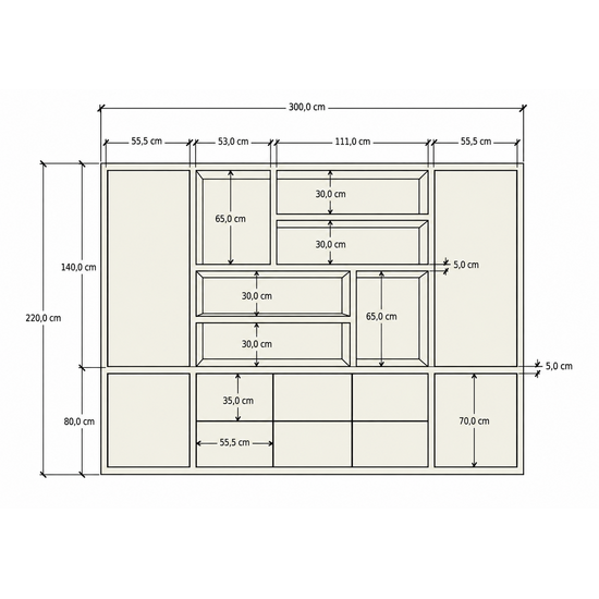 123kast Vakkenkast Yoko - 300x40x220H cm - 5cm frame dikte - 6 push-to-open lades - 4 push to-open deuren