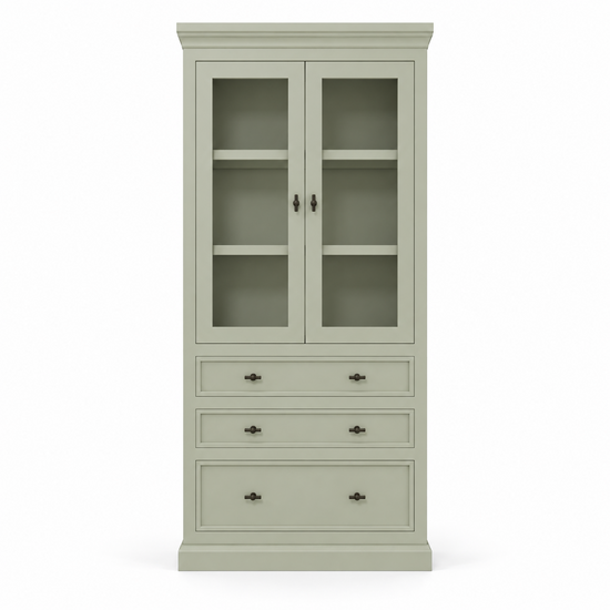 123kast  Vitrine/lade kast Foggia 01 - 107x48x225H cm - 2 vitrinedeuren - 3 brede soft close lades - landelijke/klassiek sierlijst