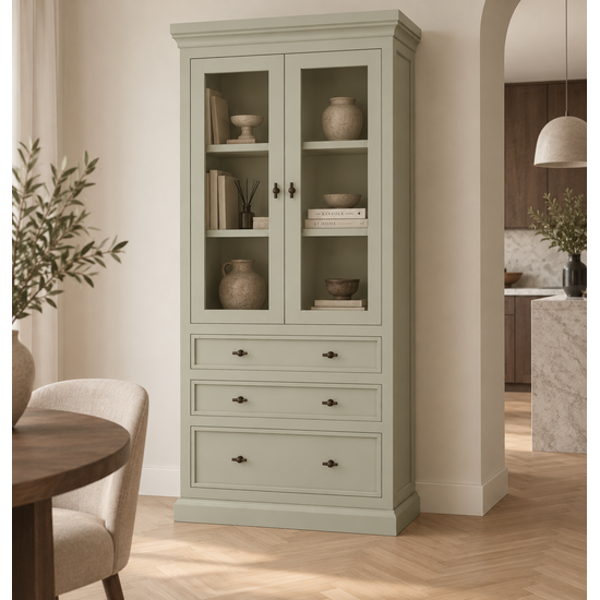 123kast  Vitrine/lade kast Foggia 01 - 107x48x225H cm - 2 vitrinedeuren - 3 brede soft close lades - landelijke/klassiek sierlijst
