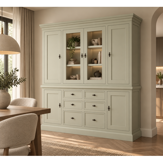 123kast  Buffetkast Foggia 05- 225x48x225H cm - 2 dichte deuren in de bovenkast - 2 vitrine deuren - 4 dichte deuren in onderkast - 6 soft close lades - landelijke/klassieke sierlijst