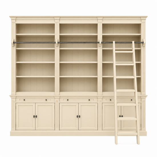123kast Voorraad boekenkast Melena Del Sur - 300x43x240H cm - NCS S 0505-Y20R- met stang en ladder - 15 planken - 3 uitschuif planken - 6 dichte scharnierdeuren - verstelbare planken