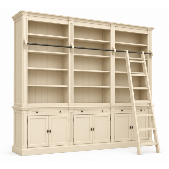 123kast Voorraad boekenkast Melena Del Sur - 300x43x240H cm - NCS S 0505-Y20R- met stang en ladder - 15 planken - 3 uitschuif planken - 6 dichte scharnierdeuren - verstelbare planken