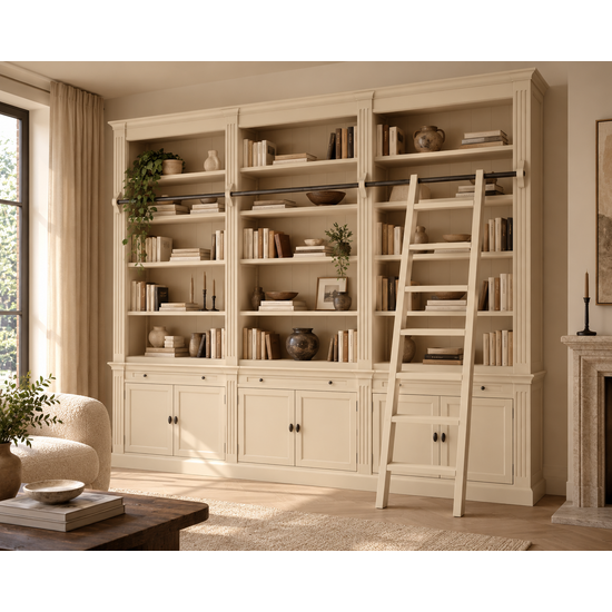 123kast Voorraad boekenkast Melena Del Sur - 300x43x240H cm - NCS S 0505-Y20R- met stang en ladder - 15 planken - 3 uitschuif planken - 6 dichte scharnierdeuren - verstelbare planken