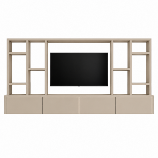 123kast Zwevende cinewall Como - 330x45/25x185H cm - plank dikte 5cm - 5 push to open deuren - zonder achterwand - strakke afwerking