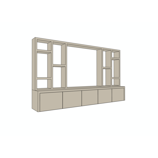 123kast Zwevende cinewall Como - 330x45/25x185H cm - plank dikte 5cm - 5 push to open deuren - zonder achterwand - strakke afwerking