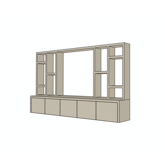 123kast Zwevende cinewall Como - 330x45/25x185H cm - plank dikte 5cm - 5 push to open deuren - zonder achterwand - strakke afwerking