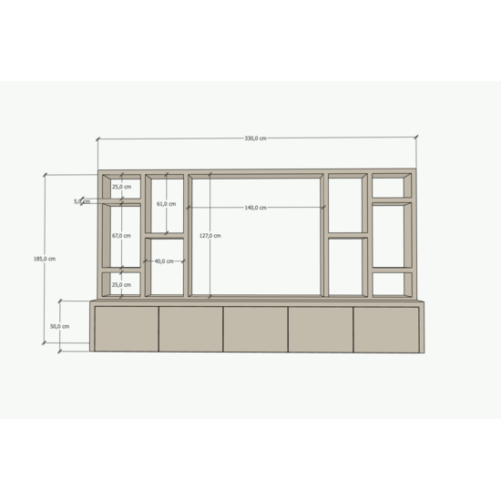 123kast Zwevende cinewall Como - 330x45/25x185H cm - plank dikte 5cm - 5 push to open deuren - zonder achterwand - strakke afwerking