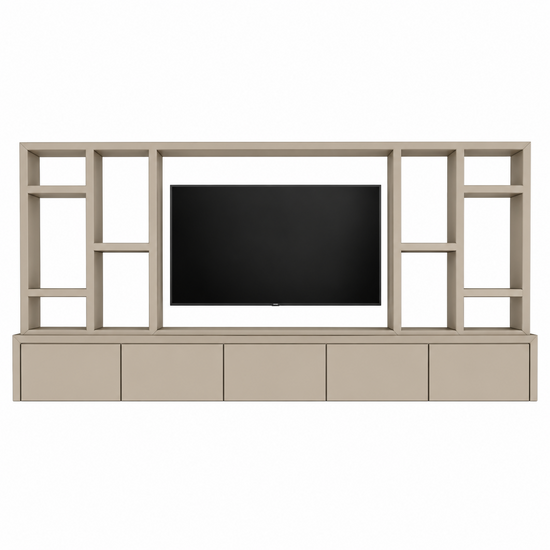 123kast Zwevende cinewall Como - 330x45/25x185H cm - plank dikte 5cm - 5 push to open deuren - zonder achterwand - strakke afwerking