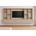123kast Zwevende cinewall Como - 330x45/25x185H cm - plank dikte 5cm - 5 push to open deuren - zonder achterwand - strakke afwerking