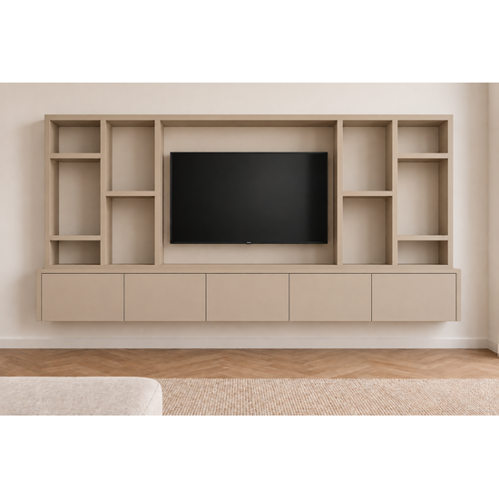 123kast Zwevende cinewall Como - 330x45/25x185H cm - plank dikte 5cm - 5 push to open deuren - zonder achterwand - strakke afwerking