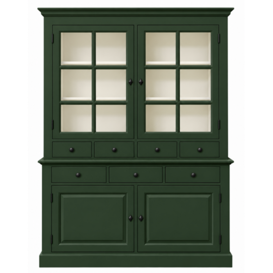 123kast Buffetkast Santa Monica zoals afbeelding - 125x45x215H cm - ruitjes op de vitrinedeuren - bovenste rij 4 lades / onderste rij 3 lades - afgewerkt in RAL 6020 buitenkant / RAL 9010 binnenkant