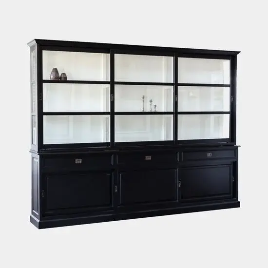 123kast Showmodel buffetkast Miami Beach - 220x53x218H cm - 2 vitrine schuifdeuren - 2 lades - 2 dichte schuifdeuren - glazen zijkanten - RAL 7021
