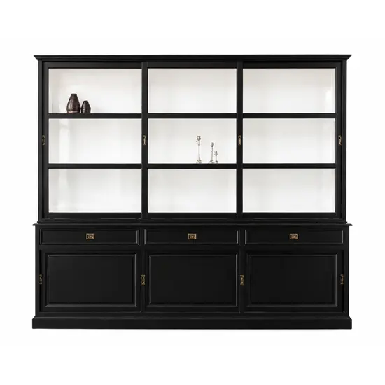123kast Showmodel buffetkast Miami Beach - 220x53x218H cm - 2 vitrine schuifdeuren - 2 lades - 2 dichte schuifdeuren - glazen zijkanten - RAL 7021