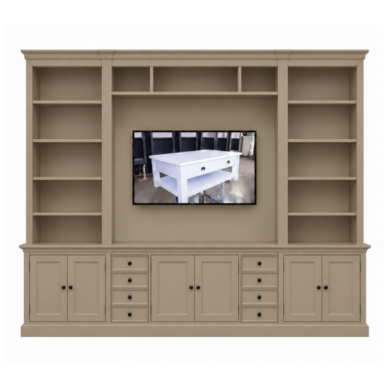 123kast Malta custom TV bookcase - dimensions 300 x 43 x 240H cm – in LEEM color– sleek finish
