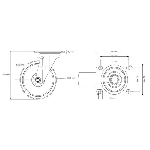 Rodízio direcional Ø 125mm, rolamento de esferas, PP / TPR