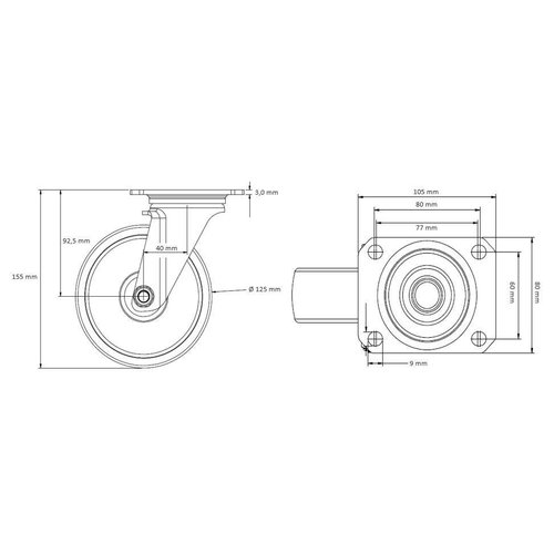 Rodízio direcional Ø 125mm - rolamento de esferas, PA / PU